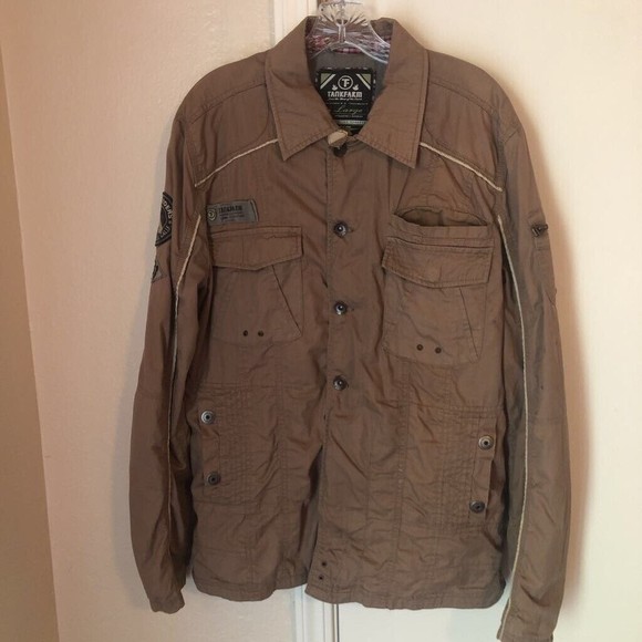Tankfarm Mens Jacket Coat Military Inspired Beige Button Front Rebel Riders L - Picture 1 of 9